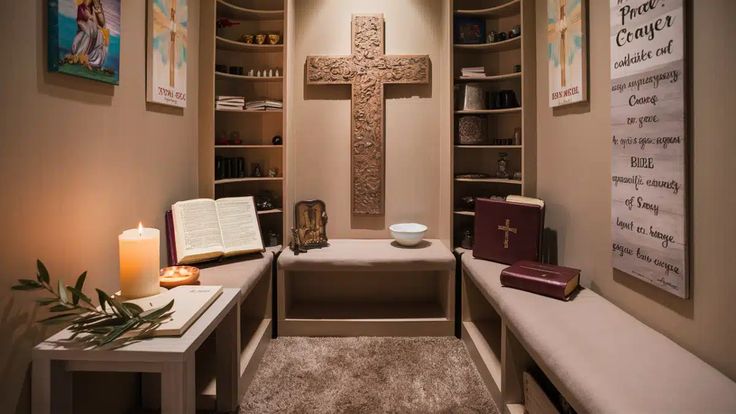 a room with two benches and a cross on the wall next to a book shelf