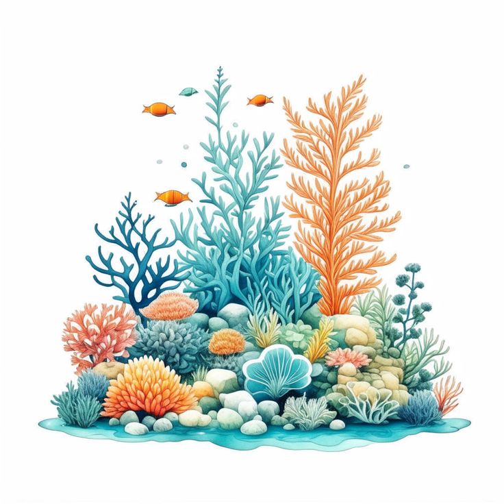 an underwater scene with corals and fish