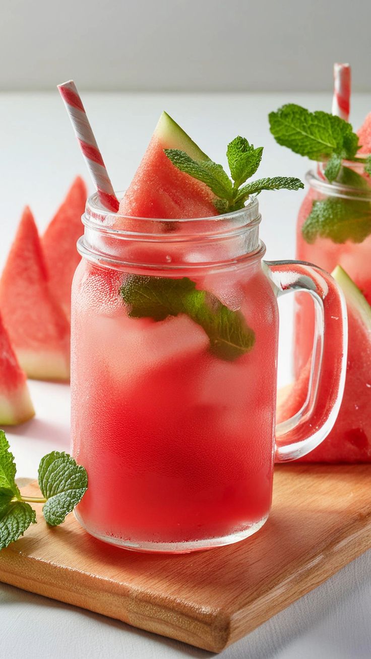 watermelon and mint drink in mason jars with straws