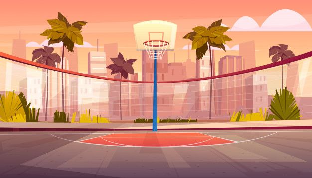 an empty basketball court with palm trees in the background