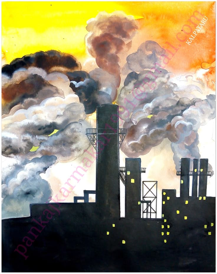 Air pollution with water colour by Pankaj karmakar Air Pollution Drawing Competition, Air Pollution Painting, Air Pollution Poster Project, Jeanette Barnes, Water Pollution Art, Air Pollution Art, Air Pollution Drawing, Water Pollution Drawing, Pollution Painting