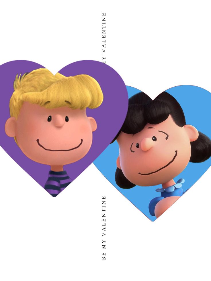 two hearts shaped like the faces of charlie brown and blond haired girl, one with black hair