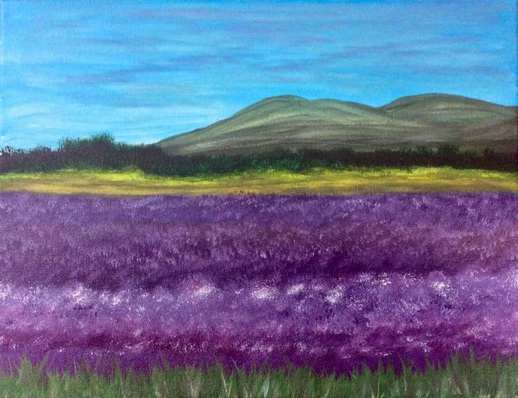 a painting of purple flowers and mountains in the background