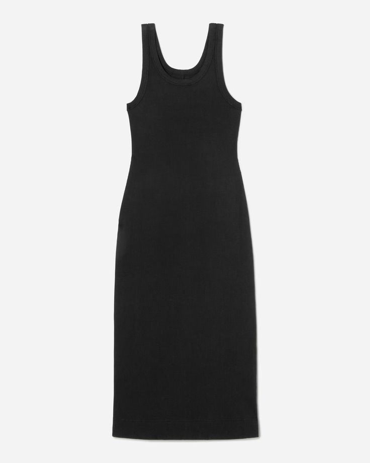 The Ribbed Tank Dress Black – Everlane Fitted Sleeveless Cotton Slip Dress, Stretch Cotton Midi Dress For Daywear, Cotton Stretch Midi Dress For Daywear, Classic Fitted Midi Slip Dress, Fitted Cotton Slip Dress, Cotton Midi Length Bodycon Dress, Cotton Midi-length Bodycon Dress, Casual Fitted Midi Dress With Built-in Bra, Fitted Cotton Slip Dress For Daywear