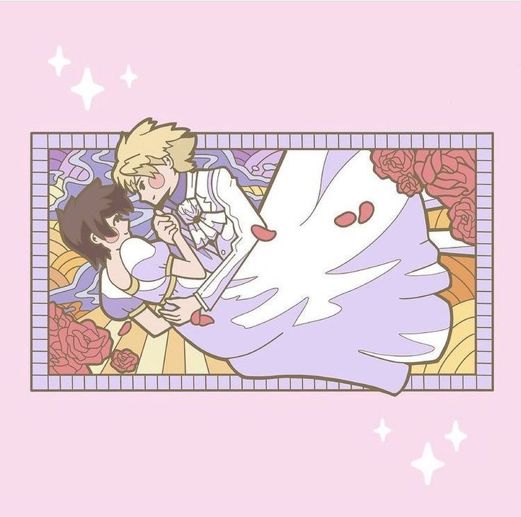 two anime characters laying on top of each other in front of a pink background with stars