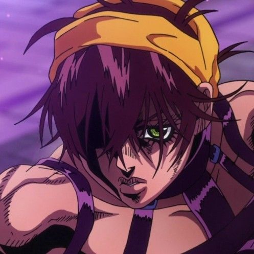 an anime character with purple hair and green eyes wearing a yellow bandana over her head