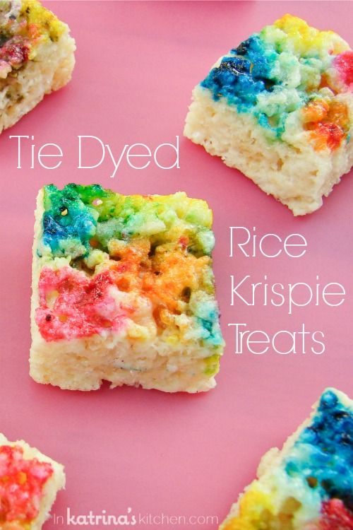 rainbow rice krispie treats on a pink plate with the words, tie dyed rice krispie treats