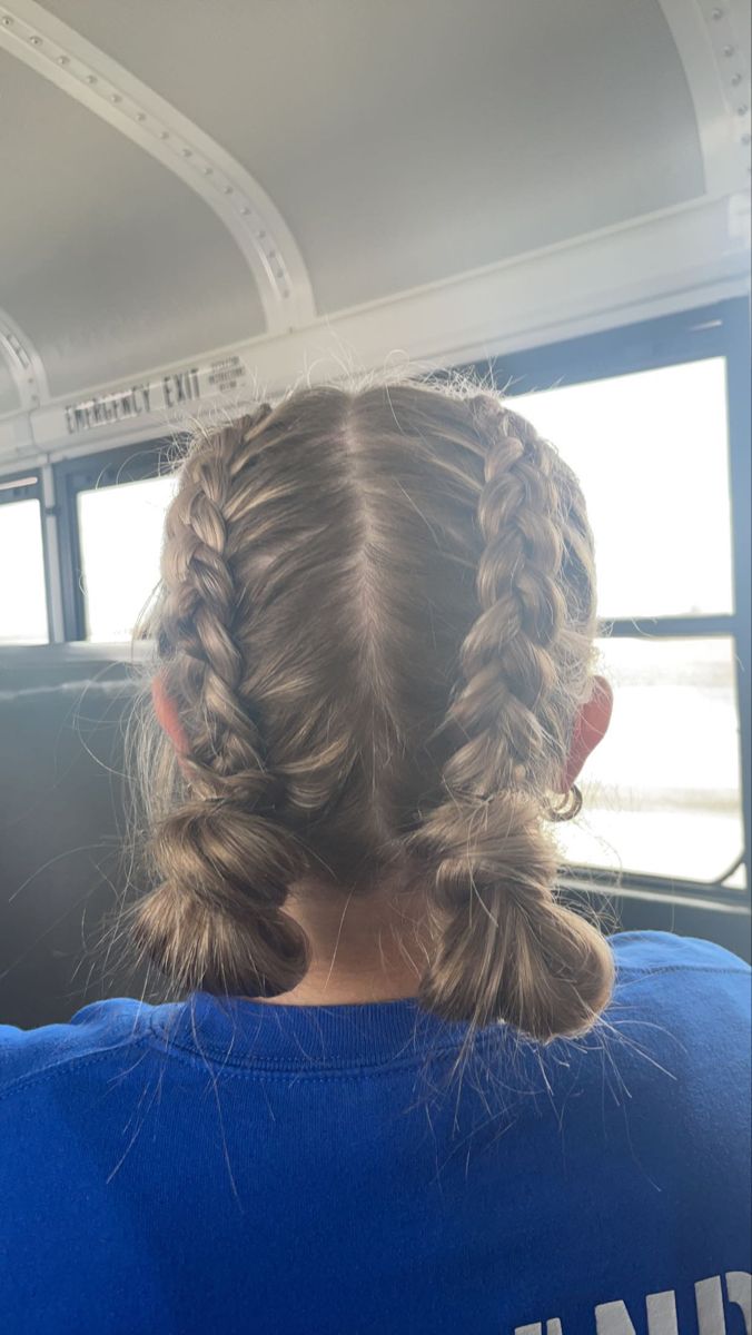 Meet Day Hairstyles, French Braid Space Buns Low, Volleyball Hairstyles Pigtails, Fnl Hairstyles, Track And Field Hairstyles, Hairstyles With Two Braids, Hair Styles For Swimming, Game Day Hairstyles, Gameday Hair