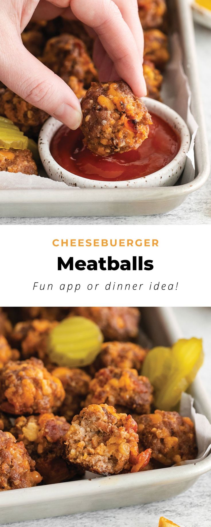 meatballs with ketchup and pickles on the side