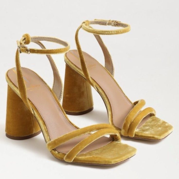 In Saffron Velvet New Without Tags Gold Sandals With 4-inch Heel Medium Width, Gold Sandals With 4-inch Heel And Medium Width, Yellow Sandals With 4-inch Heel For Summer, Gold Block Heel Sandals Medium Width, Gold Sandals With Stacked Heel Medium Width, Gold Sandals With Stacked Heel And Medium Width, Yellow Stacked Heel Sandals For Summer, Yellow Sandals With Stacked Heel For Summer, Fall Party Sandals With Open Heel