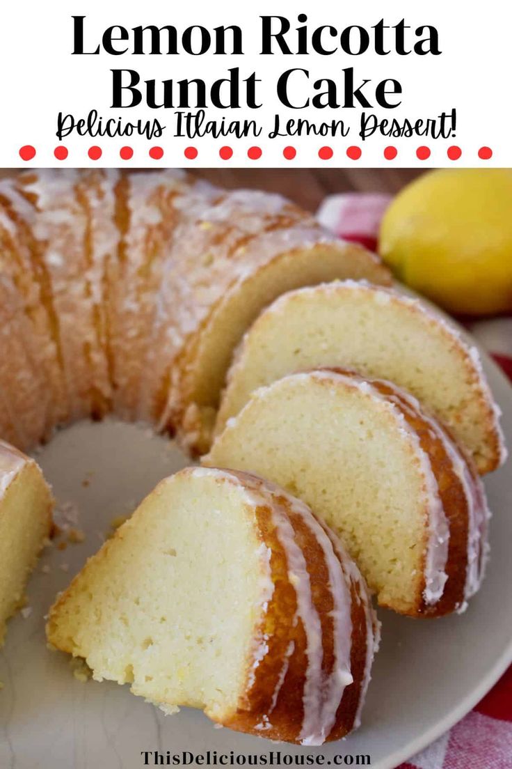 lemon ricotta bundt cake on a white plate