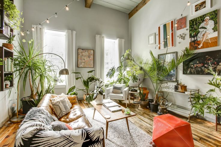 a living room filled with furniture and lots of plants