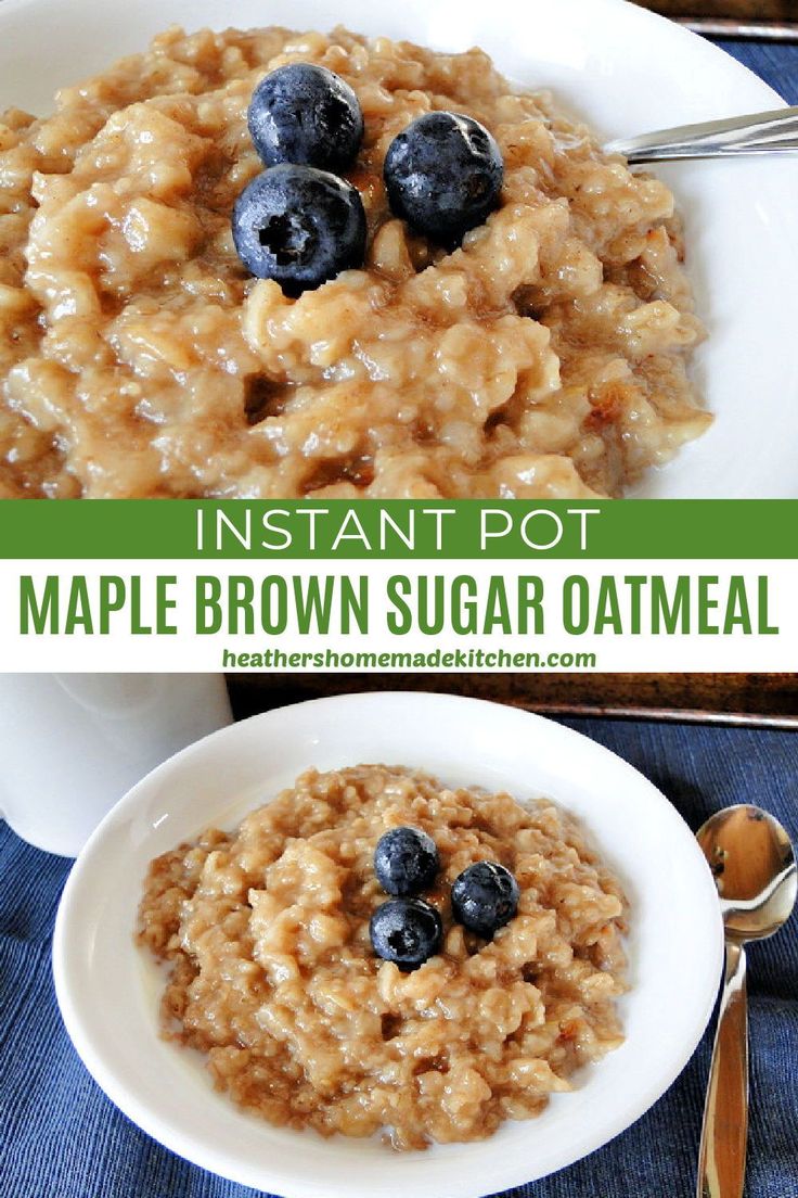 instant pot maple brown sugar oatmeal with blueberries on top and spoons