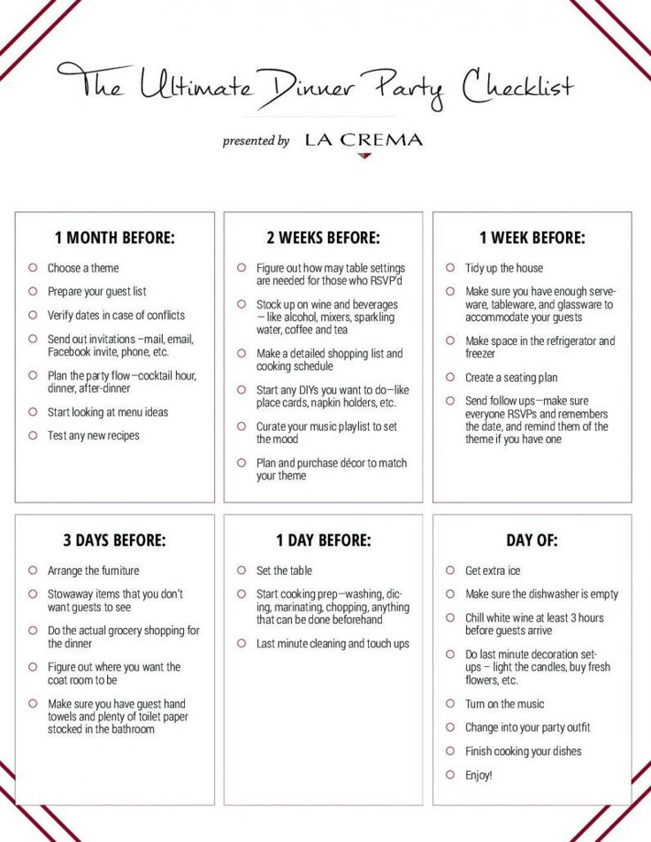 the ultimate dinner party checklist for la cremena, which includes two different meals