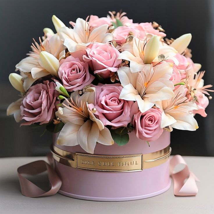 a pink hatbox with flowers and ribbon around it