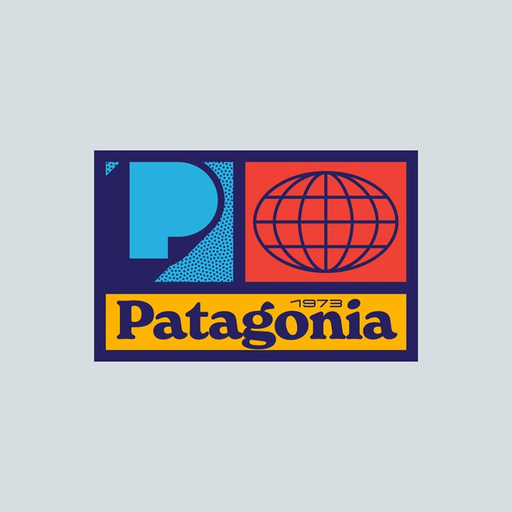 the logo for patagonia is shown in blue, red and yellow colors on a gray background