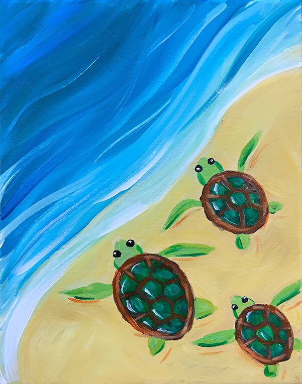 painting of three turtles on the beach with blue water