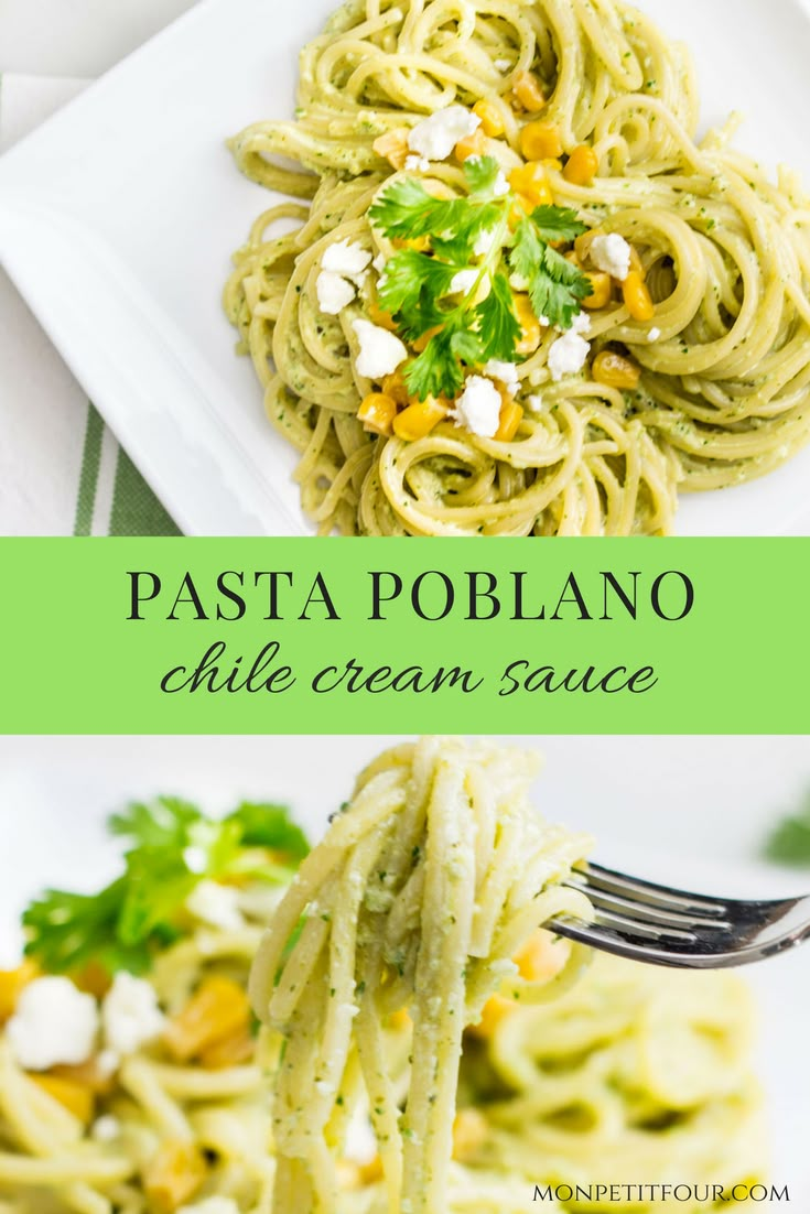 pasta with pesto sauce and parsley on top is shown in this collage