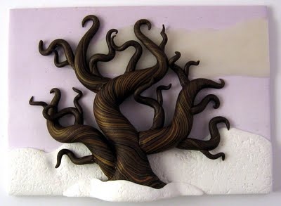 a sculpture of a tree on a purple and white background