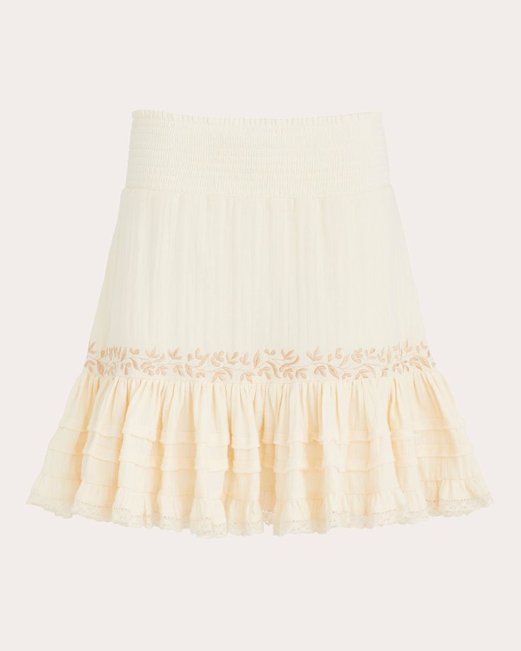 Dreamt up in gauzy cotton, the Amie skirt is smocked throughout its high-rise waistband for a flattering, flexible fit. Embroidered details and ruffled tiers along the hem create an inherently feminine feel. Pull-on High-rise Smocked elastic waistband Gathered hem tiers with ruffle pleats Embroidered details 100% cotton Dry clean or hand wash cold Made in India Size & Fit Garment measurements (size S): 18.25in long, 27.5in waist, 40.5in hips Model (wearing size S): 5ft 9in tall, 33in bust, 25in Drop Waist, Smocking, Mini Skirts, How To Wear