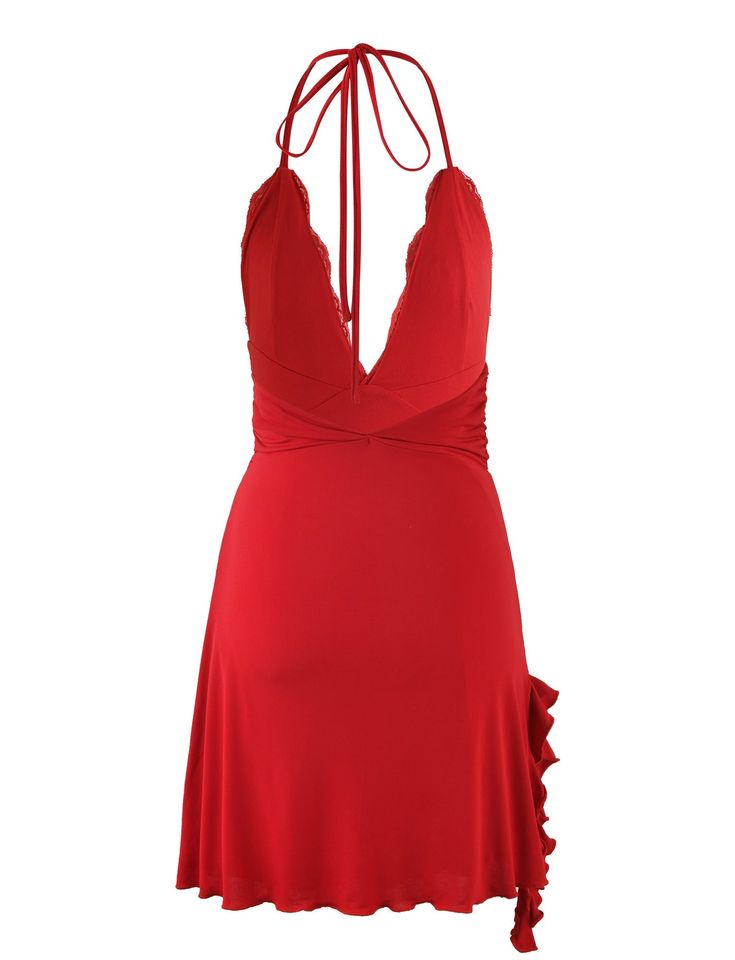 Red Sleeveless Tie-back Backless Dress, Red Sleeveless Backless Dress With Tie Back, Red Backless Dress With Ruched Back, Chic Red Halter Dress With Spaghetti Straps, Ruched Halter Neck Dresses, Flirty Halter Neck Lined Dress, Red Dresses With Spaghetti Straps And Ruched Back, Red Dress With Spaghetti Straps And Ruched Back, Chic Red Halter Neck Backless Dress