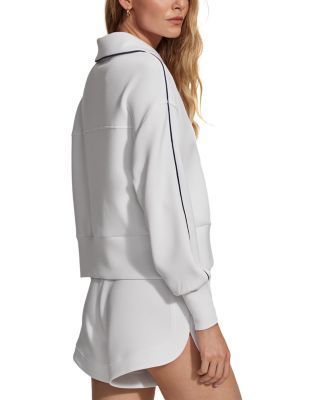 Varley Davenport Half Zip Sweatshirt White Collared Tops With Ribbed Cuffs, White Collared Top With Ribbed Cuffs, Sporty Relaxed Fit Tops For Daywear, Sporty White Top For Daywear, White Half-zip Sweatshirt For Spring, Relaxed Fit Half-zip Spring Top, Sporty Collared Loungewear Top, Spring Relaxed Fit Half-zip Top, Spring Athleisure Collared Tops