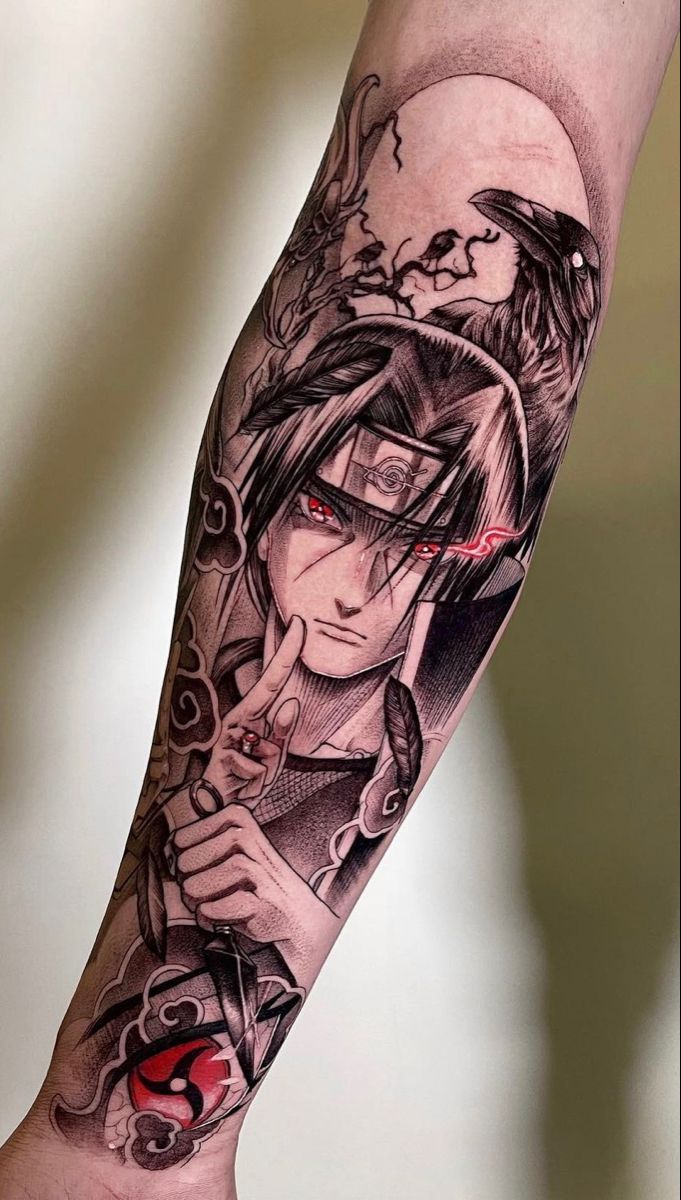 Itachi Half Sleeve Tattoo, Arm Sleeve Tattoos Anime, Kakashi Tatoos Ideas, Detailed Sleeve Tattoos, Anime Shoulder Tattoo, Arm Tattoo Anime, Uchiha Itachi Tattoo, Anime Tattoos For Men Sleeve, Tattoo Men Anime