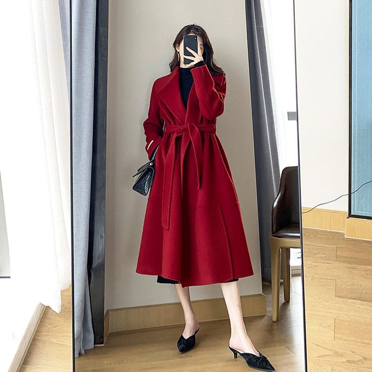 Women Wine Wool Long Coat Long Belted Wool Coat For Fall, Belted Long Wool Coat, Winter Wool Long Coat With Belt, Winter Long Belted Wool Coat, Long Belted Wool Outerwear, Belted Long Wool Outerwear, Long Wool Coat With Belt, Long Wool Belted Outerwear, Belted Long Wool Coat For Fall