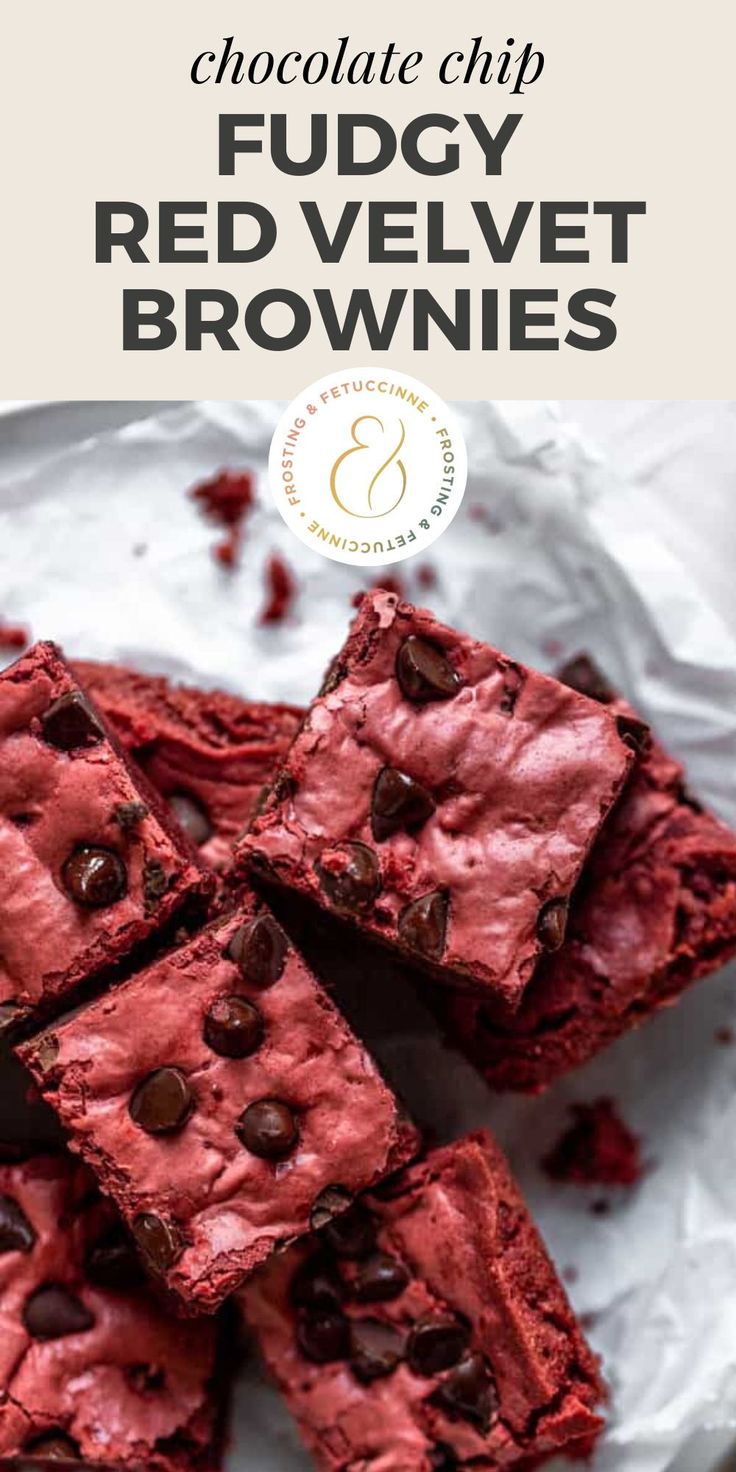 chocolate chip fudge red velvet brownies with text overlay