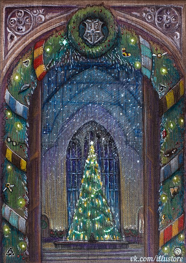 a painting of a christmas tree in front of an arch