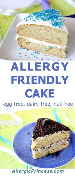 a slice of cake on a plate with the words allergy friendly cake over it