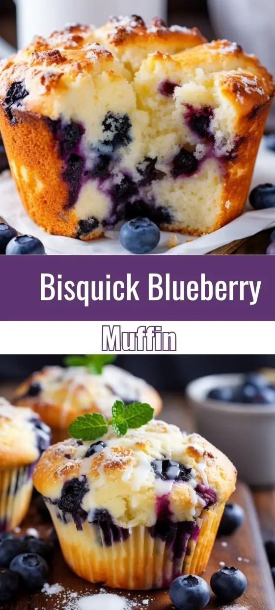 blueberry muffins with fresh blueberries on top and the bottom one is cut in half