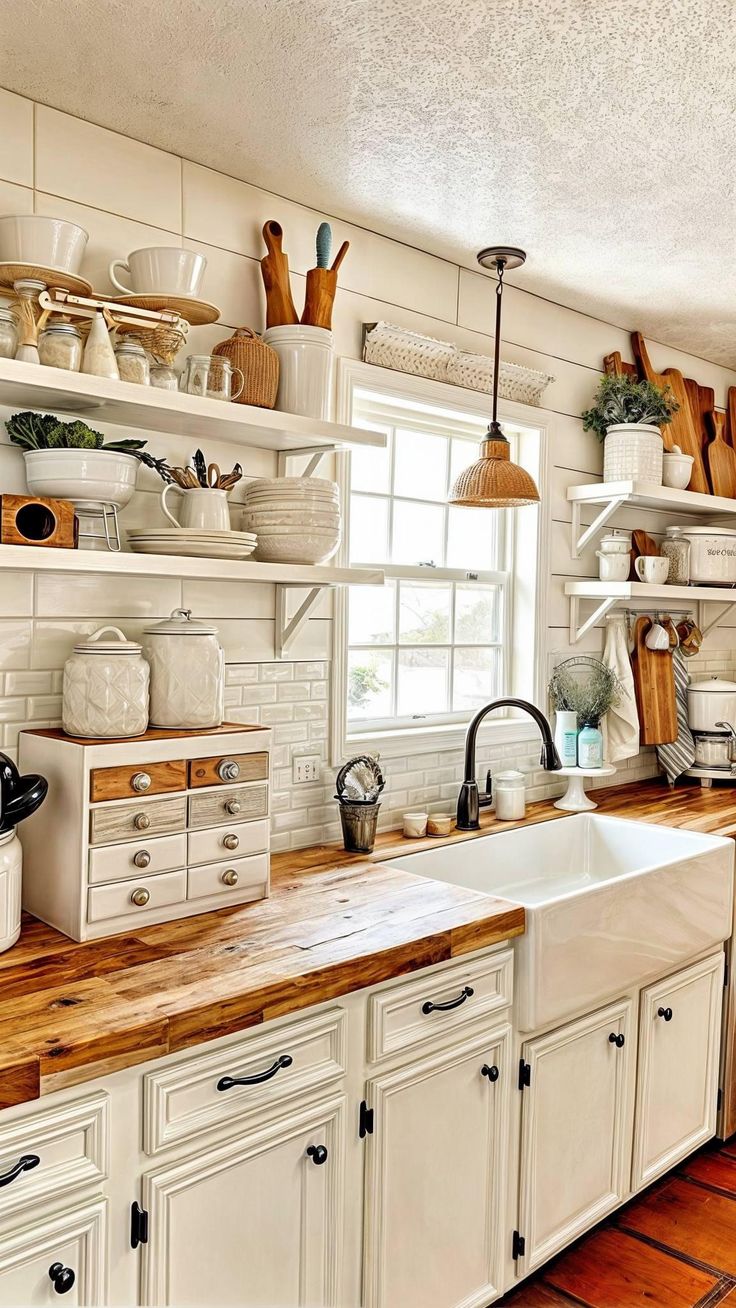 a kitchen filled with lots of white cabinets and wooden counter tops next to a window