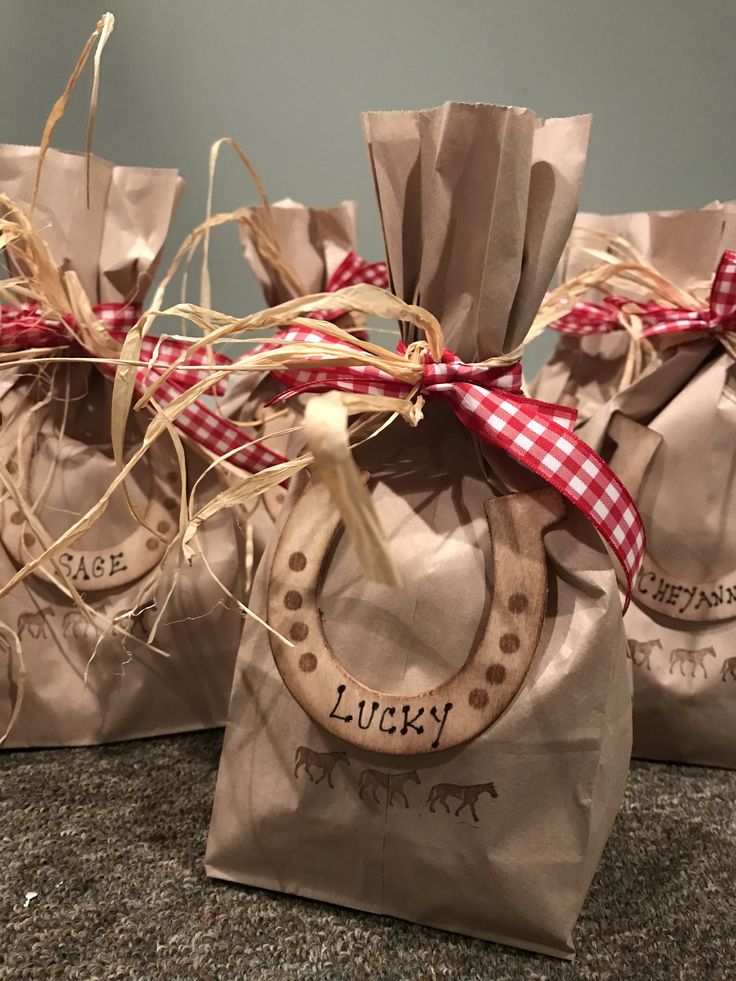 three brown bags with red and white ribbon tied around them are sitting on the floor