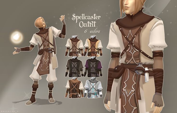 an image of a male character from the video game spellmaster celft with different outfits and accessories