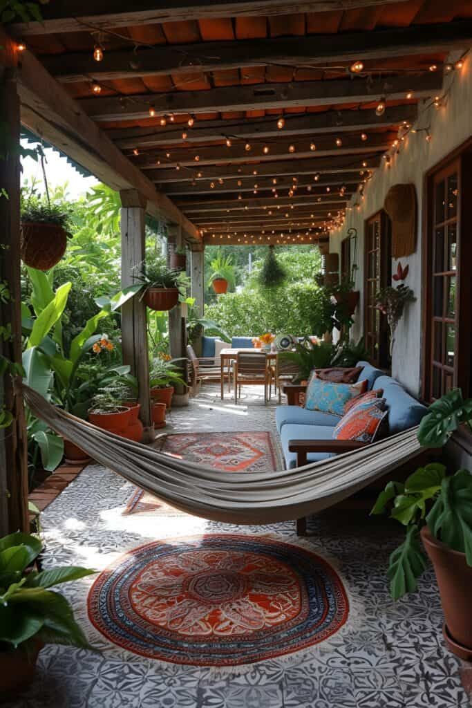 a hammock hanging from the side of a house next to potted plants