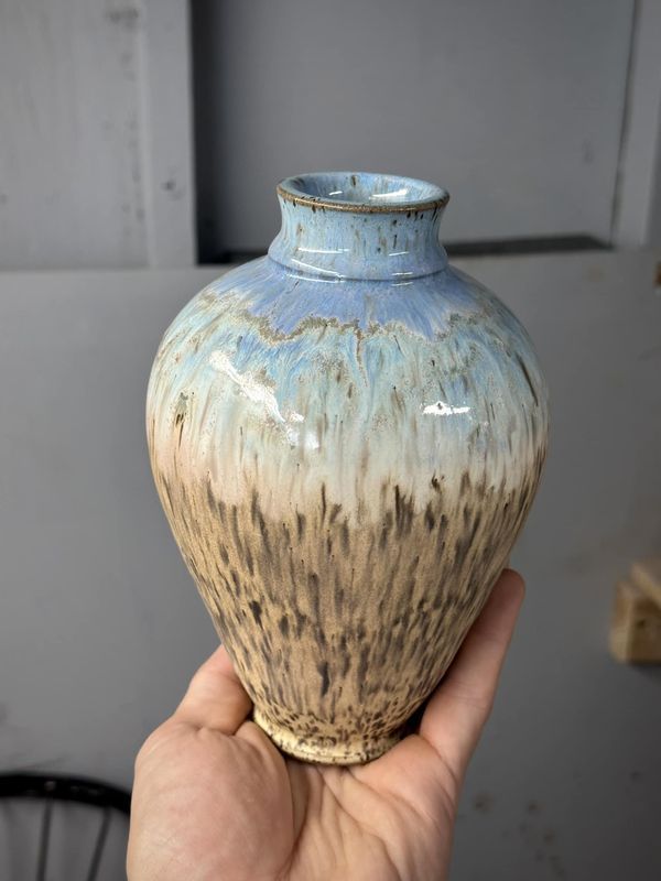 a hand holding a blue and brown vase