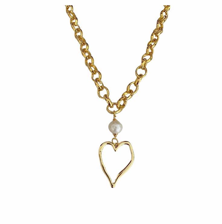 Elevate your elegance with this timeless combination of a lustrous freshwater pearl on a captivating gold chain, paired with a beautiful heart pendant. This classic and sophisticated look is truly everlasting, perfect for any occasion. freshwater pearl gold plated heart pendant length: available in 16" or 18" with extender Gold Necklace With Pearl Chain For Valentine's Day, Valentine's Day Gold Necklace With Pearl Chain, Valentine's Day Gold Pearl Chain Necklace, Valentine's Day Metal Necklace With Pearl Chain, Gold Pendant Pearl Necklace With Heart Charm, Gold Heart Necklace With Pearl Charm As Gift, Gold Pearl Necklace With Heart Charm And Pendant, Gold-tone Chain Necklace With Pearl Charm For Gift, Gold Necklace With Pearl Chain And Heart Pendant