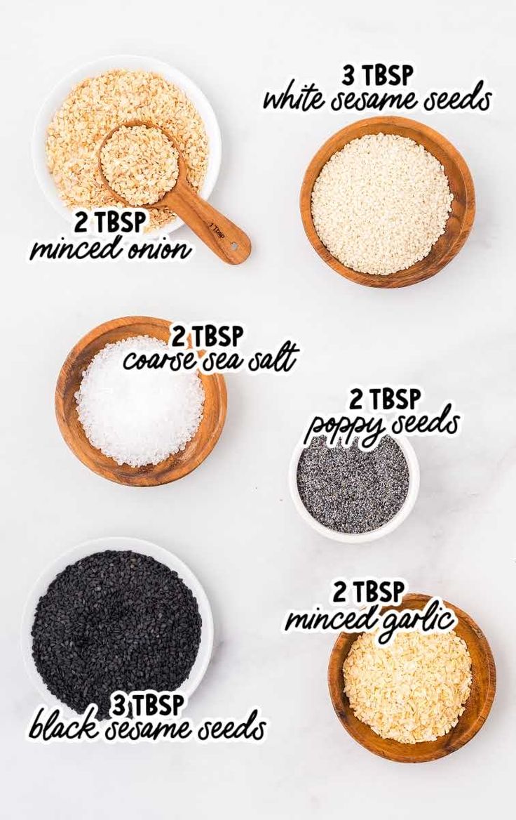 the ingredients to make black sesame seeds in small wooden bowls on a white background with text overlay