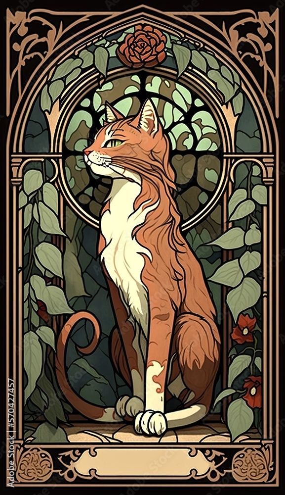 an orange and white cat sitting on top of a stained glass window with roses around it