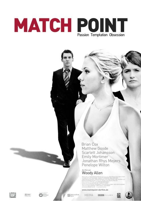 a movie poster for the film match point with two women and a man standing behind them