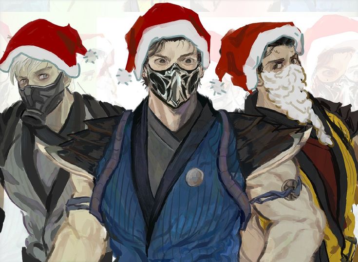 three men wearing masks and santa hats