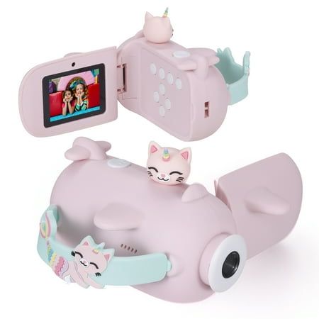 a pink camera with two cats on it