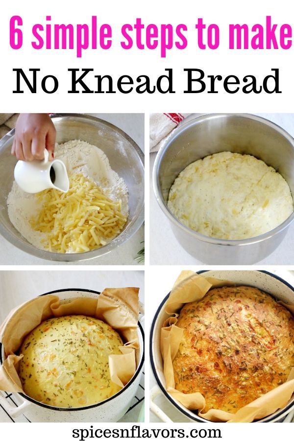 six steps to make no knead bread in a pot with cheese and grated parmesan cheese