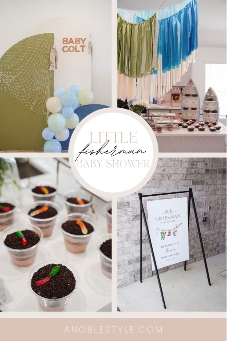 a collage of baby shower themes and desserts