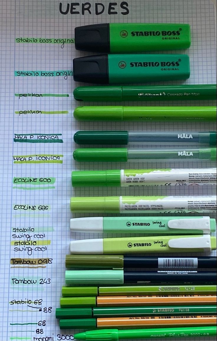 several pens are lined up on top of a sheet of paper with the names and numbers