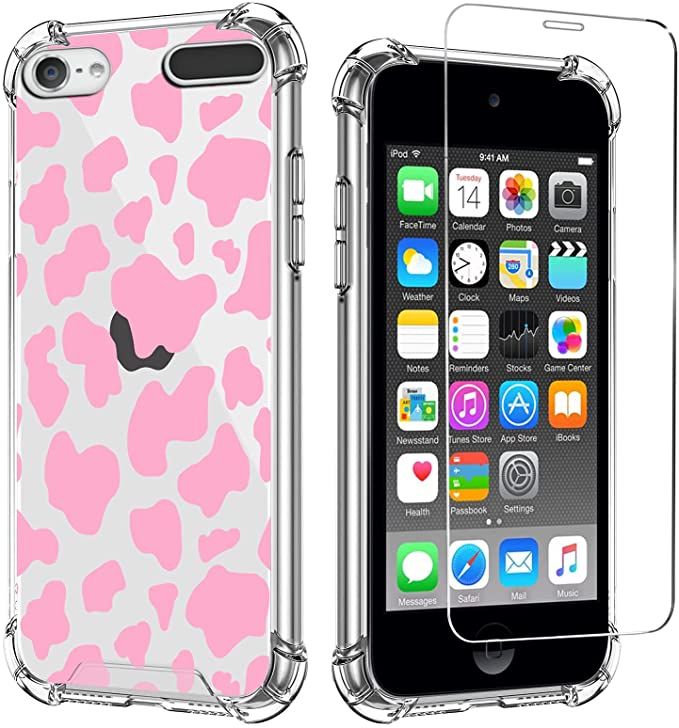 an iphone case with pink and white leopard print on the front, and clear back