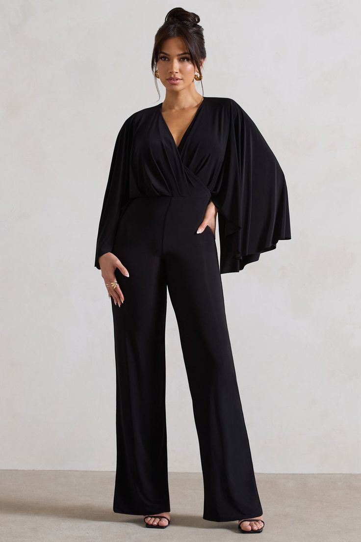 Nori | Black Plunge-Neck Straight-Leg Cape Jumpsuit Cape Jumpsuit, Jump Suits, Club L London, Black Dress Prom, Maternity Jumpsuit, Black Tie Gala, Skirt Co Ord, Black Velvet Dress, Party Inspo