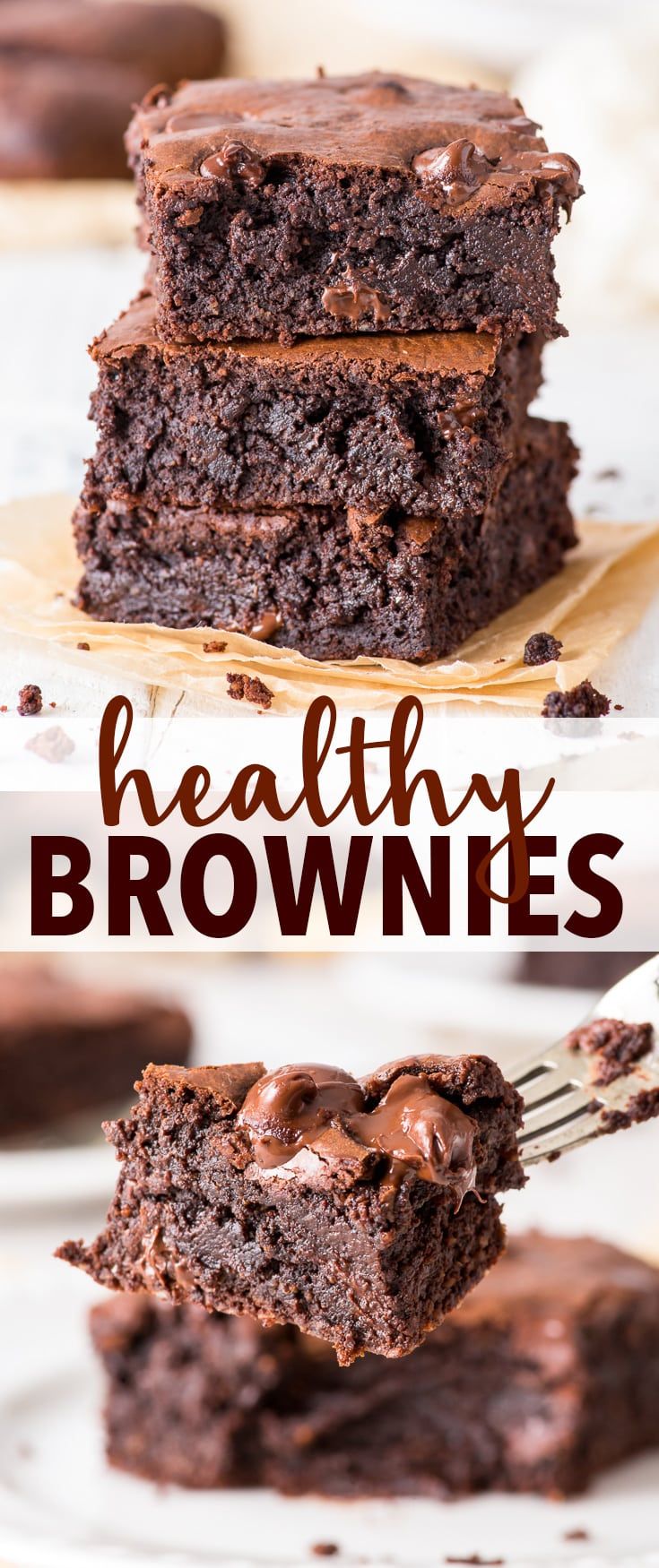 chocolate brownies stacked on top of each other with the words healthy brownies above them