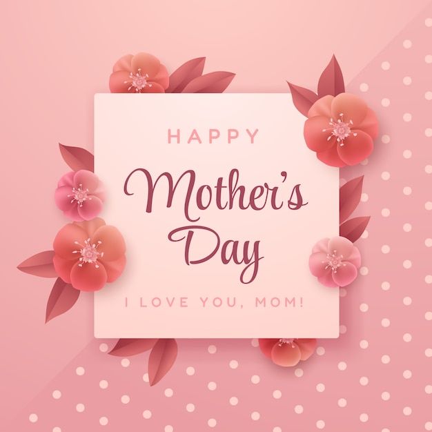 a mother's day card with pink flowers and leaves on a polka dot background